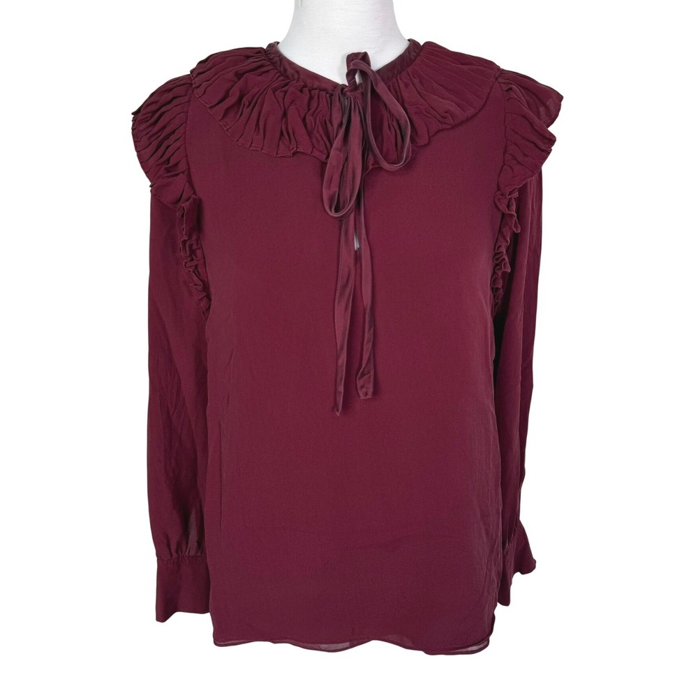 TORY BURCH Women's 6 Burgundy Silk Pleated Ruffle Tie Neck Blouse Gothic Top